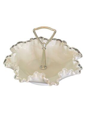Vintage Fenton Silver Crest Candy Dish Ruffled Hobnail Milk Glass Stem 7.75" x 5